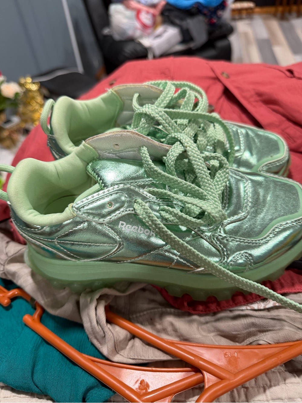 Reebok Kids Metallic Mint Green Lace-Up Sneakers